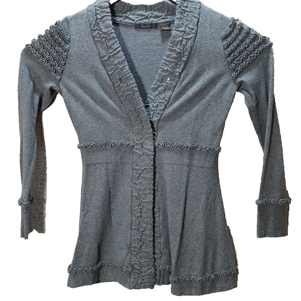 Heather B Women’s Ruffle Trim Cardigan – Gray, Small – Long Sleeve Knit Sweater